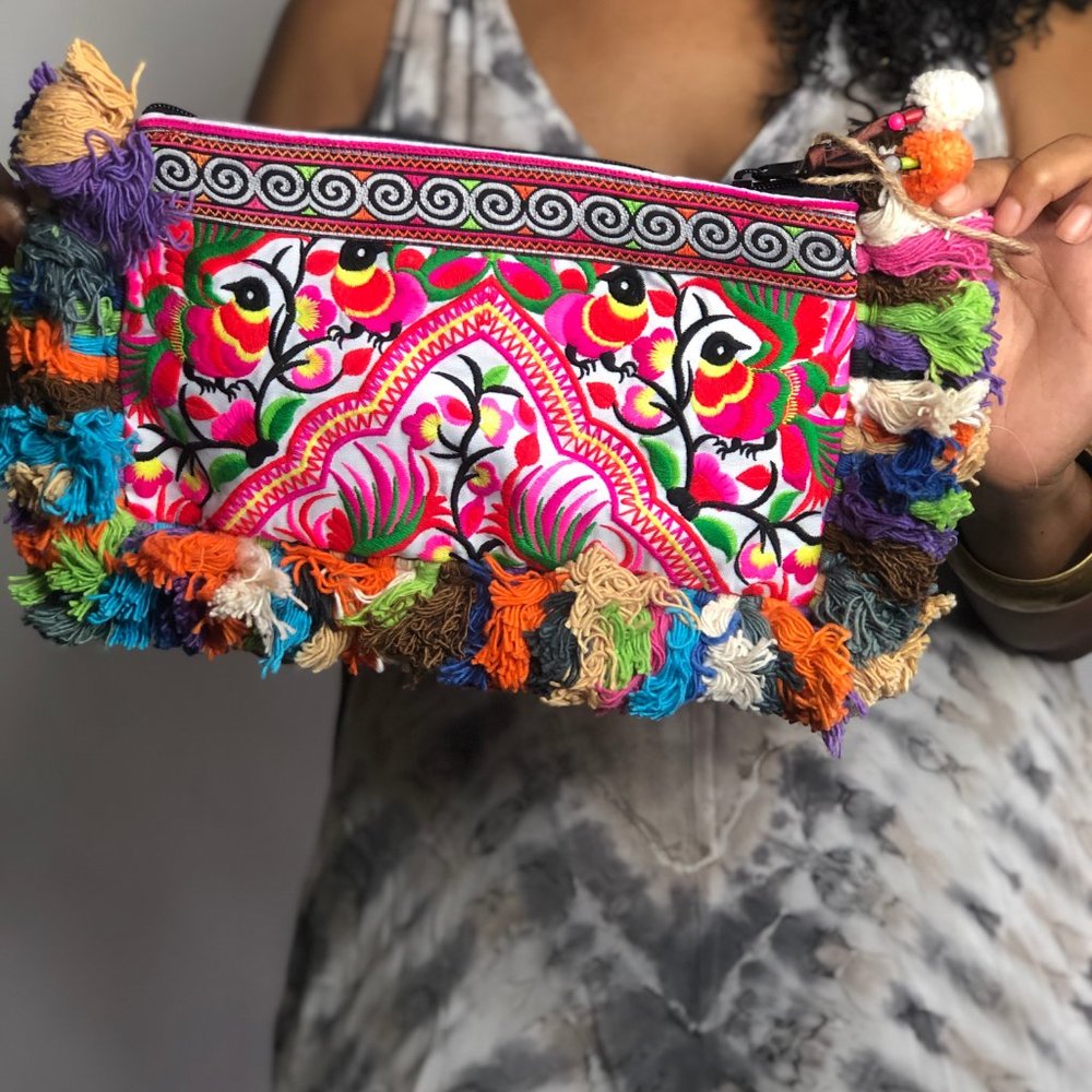 Boho purse with yarn pompoms handbag purse clutch